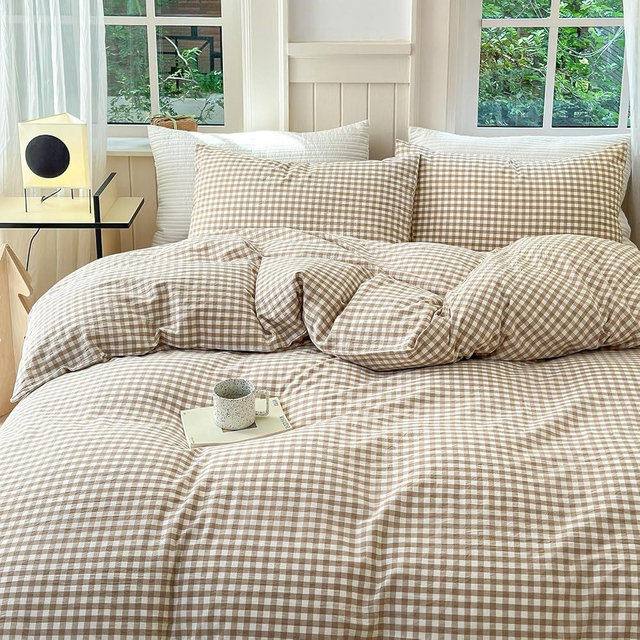 LifeTB Tan Gingham Duvet Cover California King 100% Washed Cotton Grid Bedding Set Beige Plaid Checked Duvet Cover 3 Pieces Vintage Grid Checkered Comforter Cover Soft Breathable Gingham Bedding Set