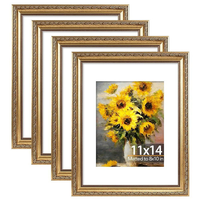 JCJMY 11x14 Vintage Picture Frame with 8x10 Mat Set of 4, Elegant Retro 11 by 14 Photo Frame with Shatter-Resistant Plexiglass for Wall Hanging, Gallery Decor & Gift, Gold, 4 Pack