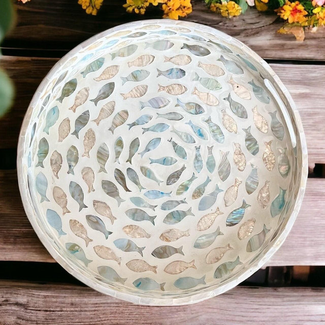 Round Breakfast tray, Mother of Pearl Serving Tray, Coffee table tray, Decorative tray, Tea tray, Cocktail tray, Bracelet Tray, Fish Tray