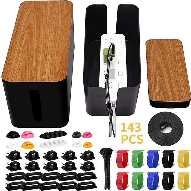 Cable Management Box 2 Pack with 141 Cable Clips Set,Cord Organizer Box Hide Power Strip,Safe ABS Material Cord Management Wire Organizer of Cable Clips Sleeve to Hide Wires & Cables(Black)