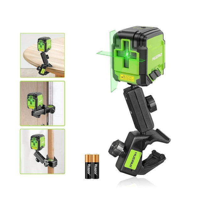 Laser Level with Clamp, HUEPAR 98Ft Self Leveling Laser Level Green Line Laser Cross Line Laser Leveler Tool for Picture Hanging, Tile, Home Renovation, Indoor Project, Battery&Carrying Bag Included