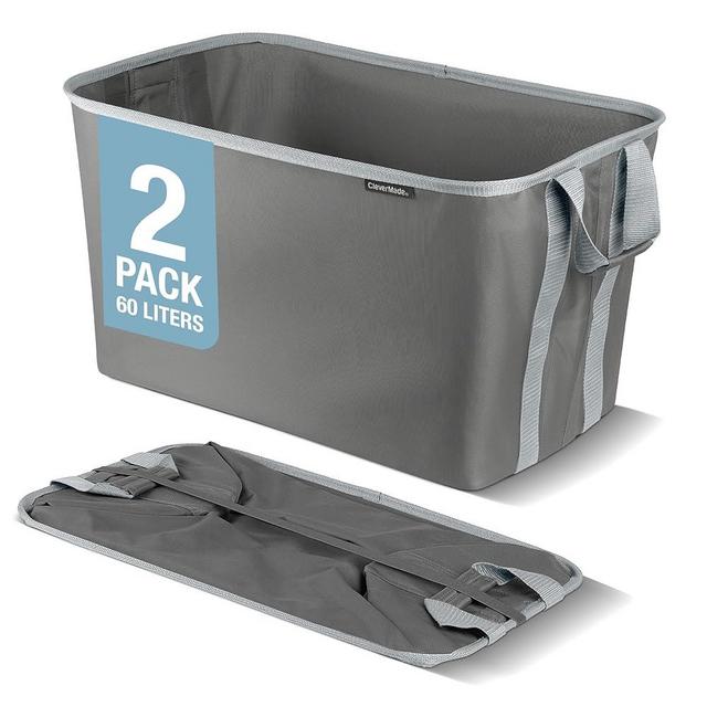 CleverMade Collapsible Laundry Baskets, Shadow Gray/Stone Gray 2PK - 60L (16 Gal) Foldable Laundry Basket with Sturdy Pop-Up Wire Frame and Carry Handles - Space-Saving Collapsible Hamper