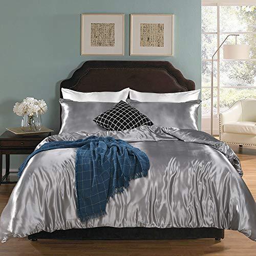 Grey Bedding Silk Like Satin Duvet Cover Set Silver Grey Silk Quilt Cover Silky Microfiber Bedding Sets King (104x90) 1 Duvet Cover 2 Pillowcases (Light Grey, King)