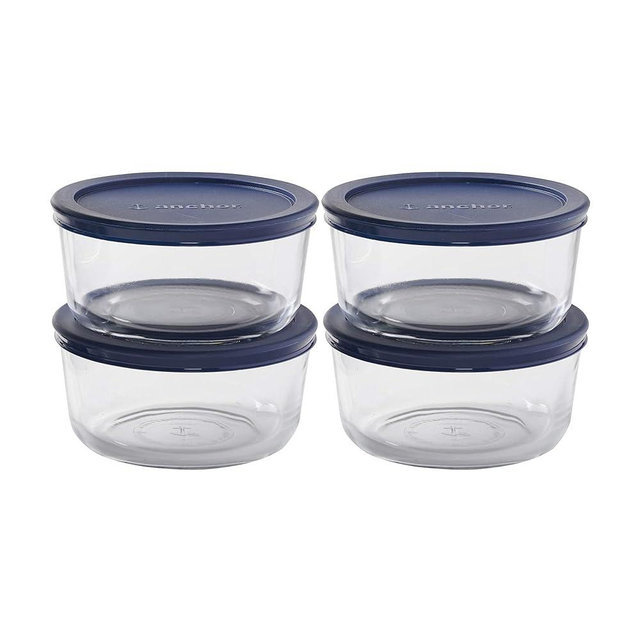 Anchor Hocking SnugFitTM Round Food Storage Containers with Lids (4-Piece, 4-cup, Navy Blue, oven-safe)