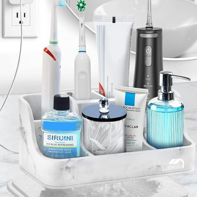 Electric Toothbrush Holder with Instant-Dry & 6 Slots | Heavy-Duty Large Countertop Organizer with Cable Holes, for Manual & Electric Toothbrushes, Marble White
