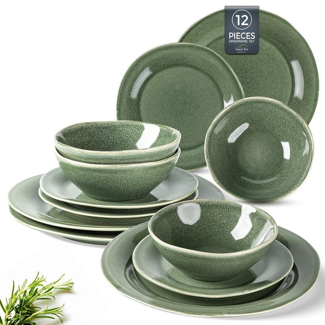 AmorArc Ceramic Dinnerware Sets, Handmade Stoneware Reactive Glaze Plates and Bowls Set, Scratch Resistant | Dishwasher & Microwave Safe Dishes Set, Service for 4 (12pc)
