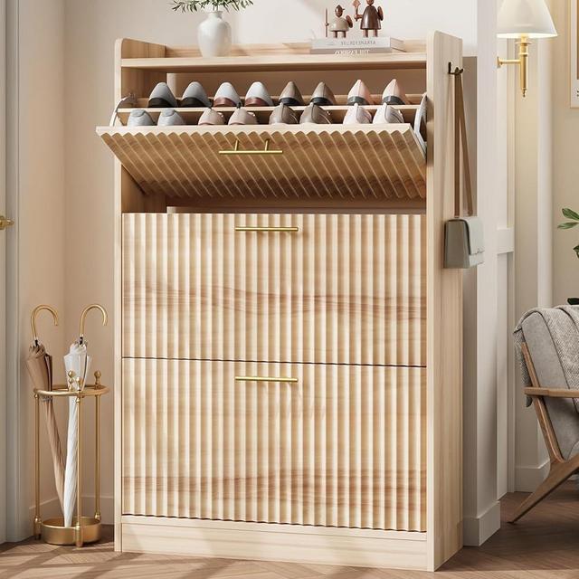 Shoe Cabinet Storage for Entryway Hidden Shoes Storage Cabinet with 3 Flip Drawers, Boho Fluted Shoe Rack Cabinet Large Tall Free Standing Shoe Organizer Cabinet for Foyer, Hallway (Natural Wood)