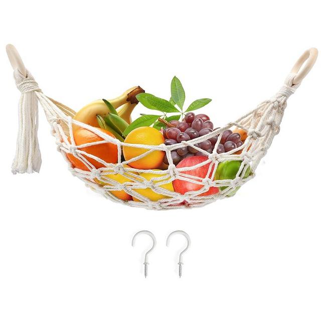 Motarna Hanging Fruit Hammock with Hooks, Hanging Fruit Basket Under the Kitchen Cabinet for Storing Banana Fruits, Hand-Woven Lace Hanging Basket for Kitchen Décor(Oval)