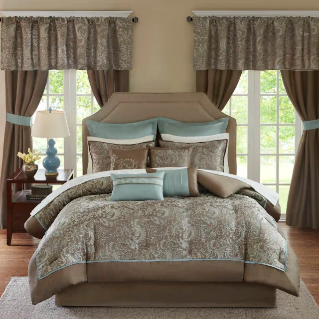 24 Piece Room in a Bag Faux Silk Comforter Matching Curtains Down Alternative Hypoallergenic All Season Bedding-Set,Blue,Queen