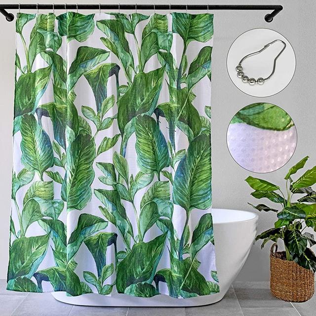 Luxury Green Shower Curtain, Tropical Leaves, Waffle Texture with 12 Roller Hooks, Botanical Plant Watercolor, 72" x 72", Decorative Jungle Palm Tree Print, Beach Palms