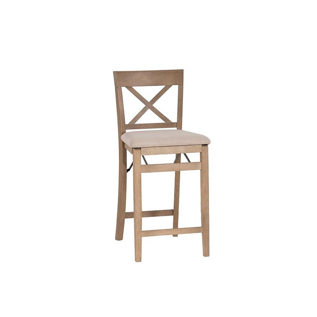 Linon Triena X Back Neutral Greywash Wooden Fully Assembled Folding 24 Inch Seat Height Counter Stool with Beige Upholstered Seat