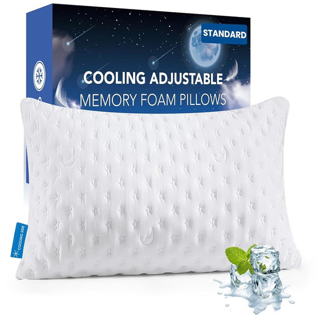 KUCEY Cooling Side Sleeper Pillow for Neck and Shoulder Pain, Luxury Shredded Memory Foam Firm Cool Bed Pillows for Sleeping Set of 1- Adjustable Standard Size- Washable Cover Original White