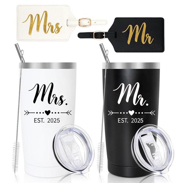 DHQH Personalized Mr and Mrs EST 2025 Gift Stainless Steel Travel Tumbler & Leather Luggage Tag Set - Wedding Gifts for Couples 2025- Perfect Newlywed, Engagement, and Bridal Shower Gifts