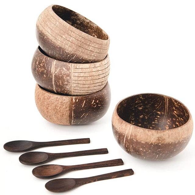 100% Natural Jumbo Coconut Bowl/Spoon Unique Gift Set. Eco-Friendly Vegan Organic Non-Toxic Reusable Sustainable Smoothie Açai Buddha Kitchen Bowl (Set of 4 Carved Hand-Crafted Bowls with 4 Spoons)