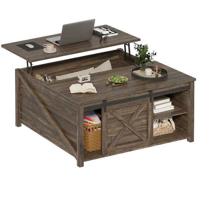 PUKAMI Lift Top Coffee Table with Storage, 31.5" Farmhouse Coffee Table for Living Room, Square Coffee Tables with Large Hidden Storage and Sliding Barn Doors, Brown