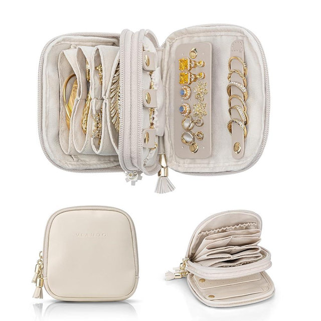 VLANDO Travel Jewelry Case,2-Layer Jewelry Organizer for Travel,Mothers Day Mom Gifts,Multi-Compartment Jewelry Storage for Rings Earrings Necklaces Bracelets-Cream White