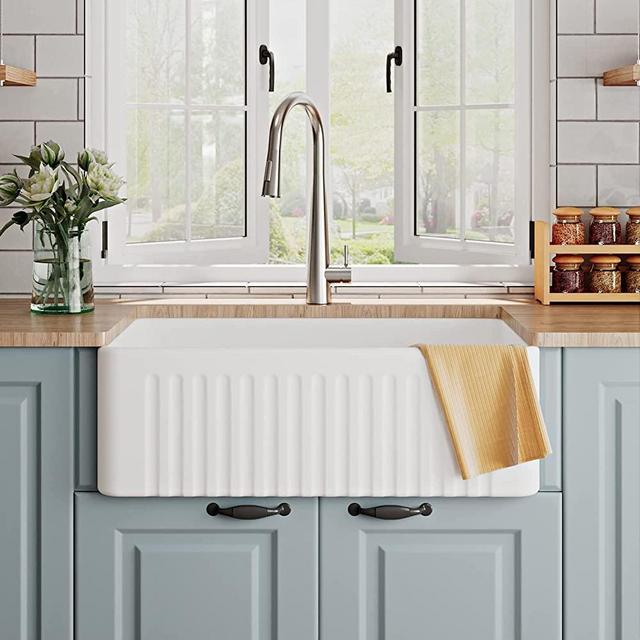 DeerValley DV-1K026 Farmhouse Sink White Farmhouse Kitchen Sink Apron Front Ceramic Single Bowl Gloss Farm Kitchen Sinks