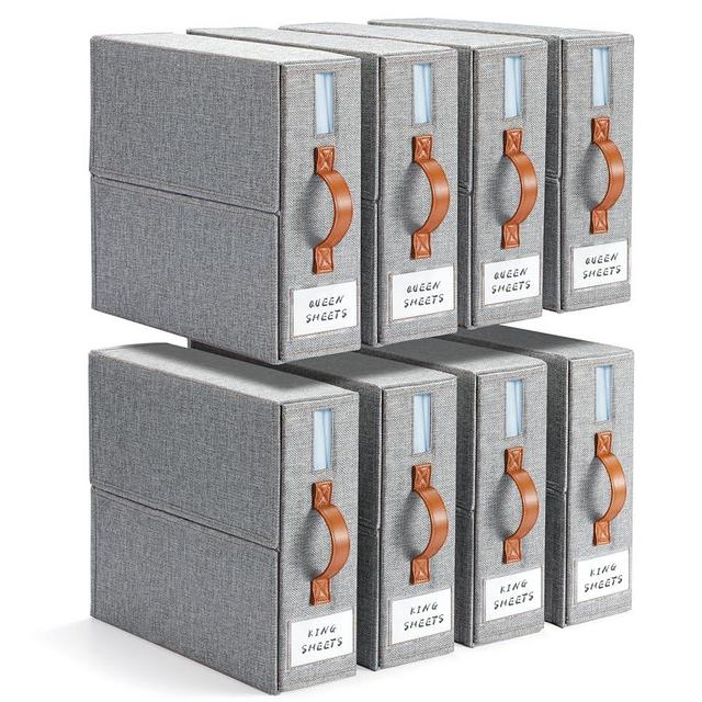 Yecaye 8 Pack Bed Sheet Organizers and Storage, Foldable Sheet Organizer for Linen Closet(Queen & King Size), Bedding Storage Box with Clear Window For Sheets Set, Duvet Cover, Grey