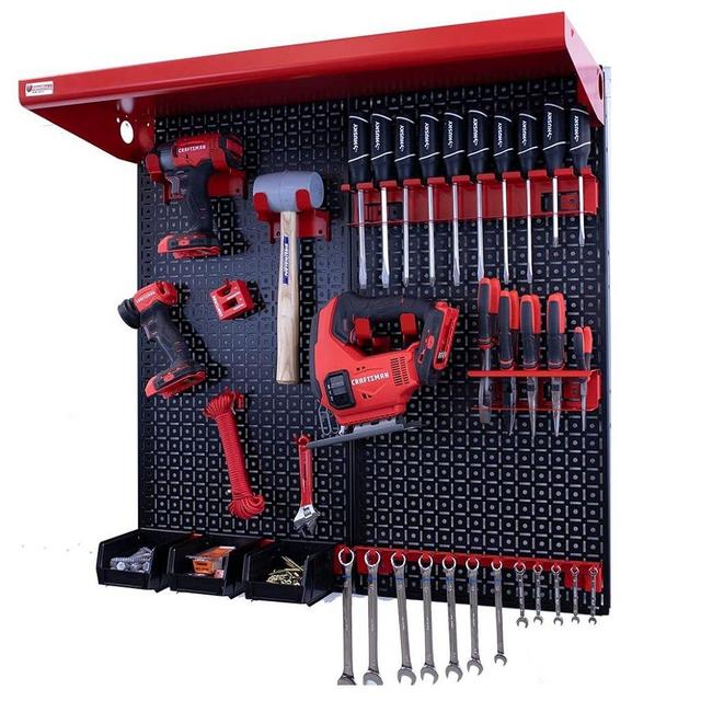 OmniWall 2 Panel Metal Pegboard Wall Storage Kit 32" x 32" Organization System (Black/Red)