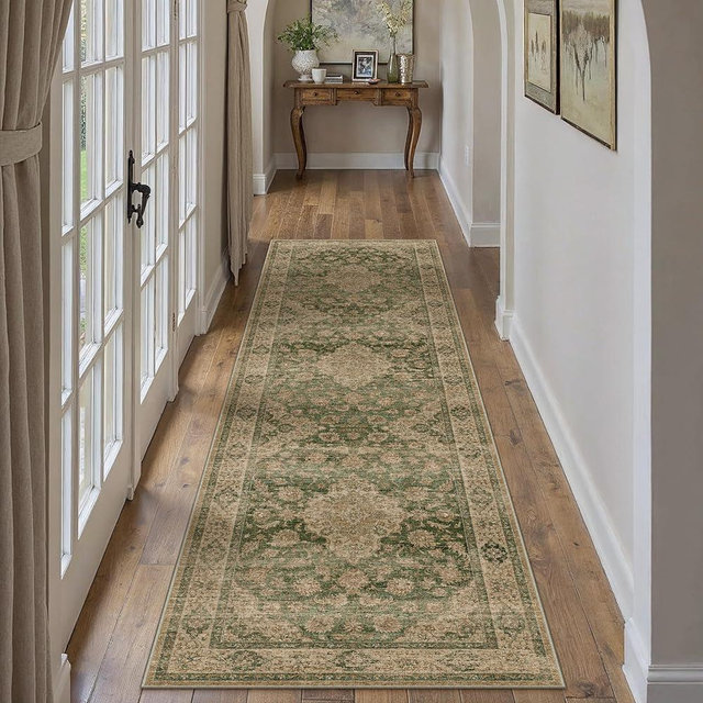 HUGEAR 2x10 Runner Rug Hallway Machine Washable Retro Green Vintage Floral Low Pile Carpet Distressed Long Throw Rug Bedroom Office Bathroom Kitchen Laundry Non Slip Soft Lightweight