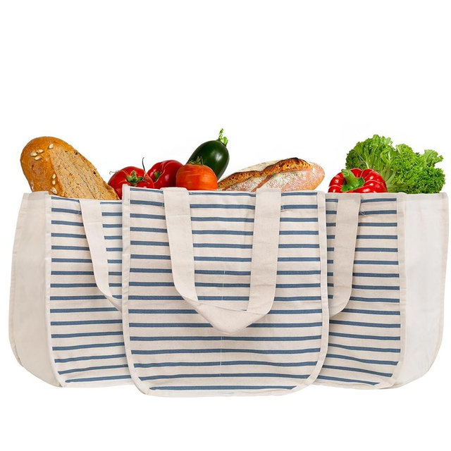 Reusable Canvas Grocery Shopping Bags with Bottle Sleeves - Easy to Organize, Convenient to Carry, Sturdy, Washable and Foldable Cotton Grocery Tote Bags with 80 LB Capacity (Blue Stripe - 3 Bags)