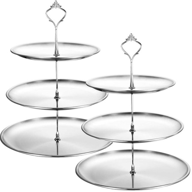 Gerrii Set of 2 Cupcake Display Stands 3 Tier Serving Tray Platters Stainless Steel Cup Cake Tower for Birthday Party Wedding Cakes Dessert Cookie Candy (Silver)