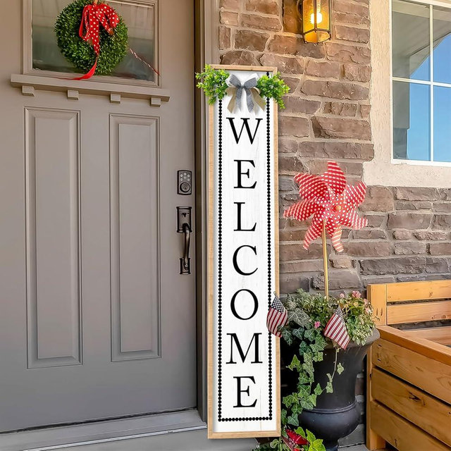 Aurapeak Welcome Sign for Front Porch Door Standing, Outdoor Large Wooden Home Rustic Farmhouse Yard Vertical Hanging Modern Entryway Plaques Outside Decorations (45"X9" Wood)