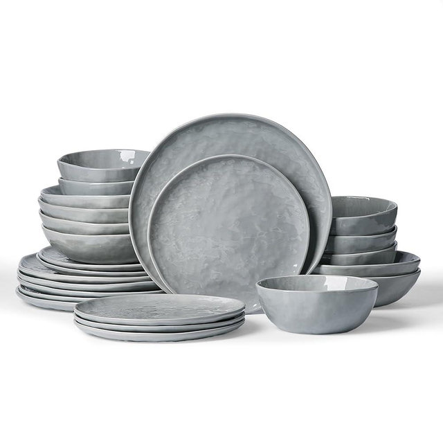 Famiware Porcelain kitchen plates and bowls set, Modern dishes set for 6, Handmade Wave Edge Dinnerware Sets, Microwave and Dishwasher Safe Tableware, Sleek Grey (24pc)