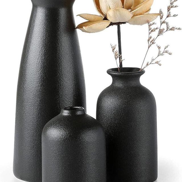 CEMABT Black Ceramic vase Set-3 Small Flower vases for Decor,Modern Boho Farmhouse Home Decor,Decorative vase for Pampas Grass&Dried Flowers,idea Shelf,Table,Bookshelf ，Entryway- Distressed