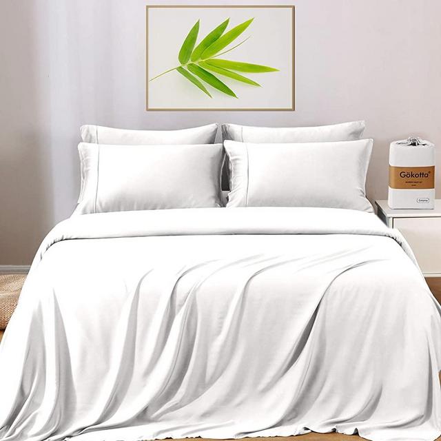 GOKOTTA Bamboo Sheets Queen Size - Cooling Sheets 4 Pieces,16" Deep Pockets, Cozy, Breathable & Hypoallergenic, Ultra Soft Sweet-Dream Series Bed Sheet White