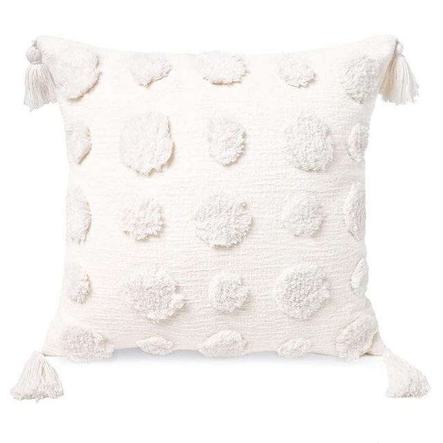 PLWORLD Boho Tufted Throw Pillow Cover 20x20 Inch, Cotton Pom Poms and Handwoven Tassels Decorative Chenille Textured Cute Cushion Case for Couch, Bed, Sofa, Kids Room, Cream White, 1 PCS