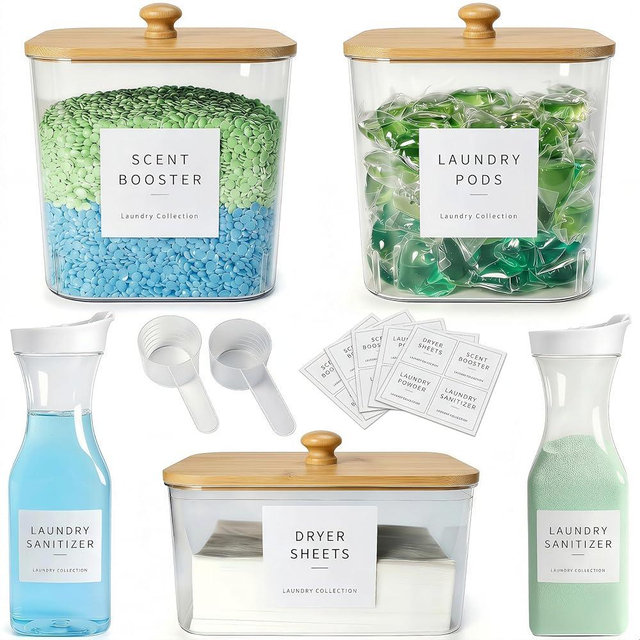 cocolanco 3+2 Pack Laundry Pods Containers & Dryer Sheet Holder & Laundry Detergent Dispenser, Laundry Room Organization and Storage Jars with Lids, Labels and Scoops for Scent Booster, Powder, Pods