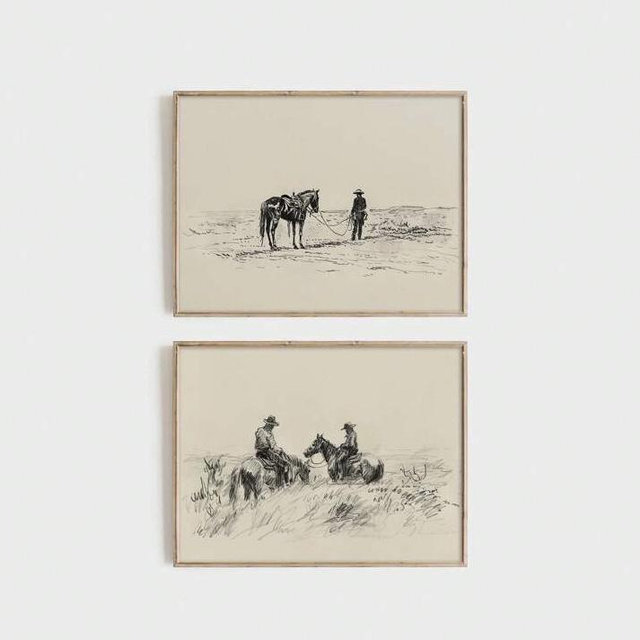 1/2pcs Vintage Horizontal Wall Art Picture Cowboys And Horses Sketch Drawing Canvas Print Paintings,Western Decor For Bedroom, Living Room Or Office,Horse Sketch Print Country Farmhouse Decor,Retroniva Art Poster, Gift For Him,Unframed