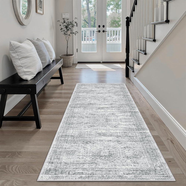 Soalmost Runner Rug 2'x6' Washable Non-Slip Runner Rugs for Kitchen Bathroom Laundry Room Grey Vintage Floor Carpet Runners for Hallway Entryway
