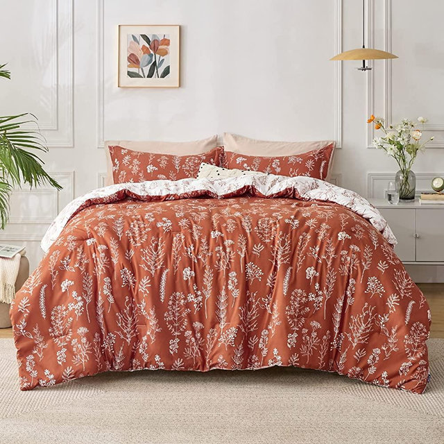 BEDSURE King Comforter Set - Terracotta Comforter, Cute Floral Bedding Comforter Sets, 3 Pieces, 1 Soft Reversible Botanical Flowers Comforter and 2 Pillow Shams