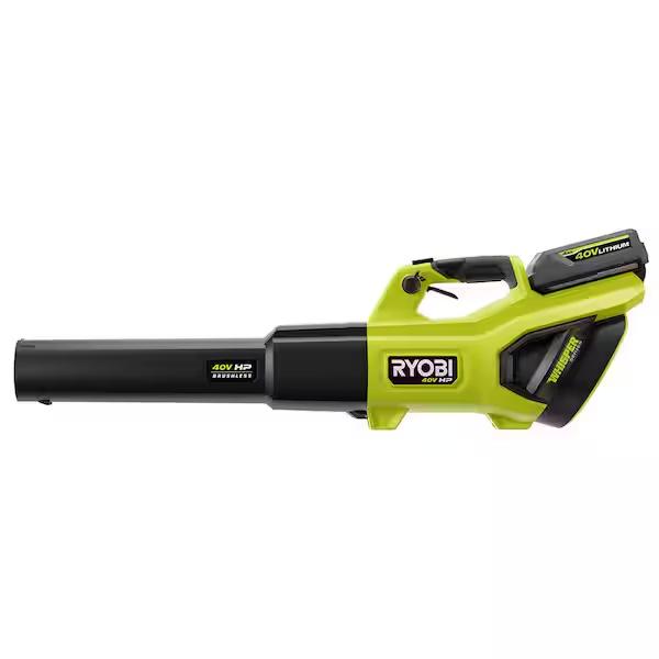 RYOBI 40V HP Brushless Whisper Series 155 MPH 600 CFM Cordless Battery Leaf Blower with 4.0 Ah Battery and Charger, Green, (RY404130)