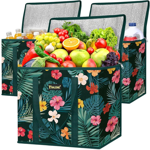 BALEINE 3Pk Insulated Reusable Grocery Bags, Foldable Shopping Bags for Groceries with Reinforced Bottom & Handles (Blossom Season)