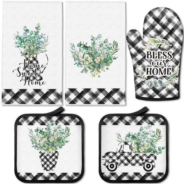 5 Pcs Buffalo Plaid Oven Mitts Pot Holders Dish Towels Set Including 2 Pcs Farmhouse Kitchen Towels 2 Pcs Potholders 1 Pcs Microwave Gloves for Kitchen Cooking (Eucalyptus)