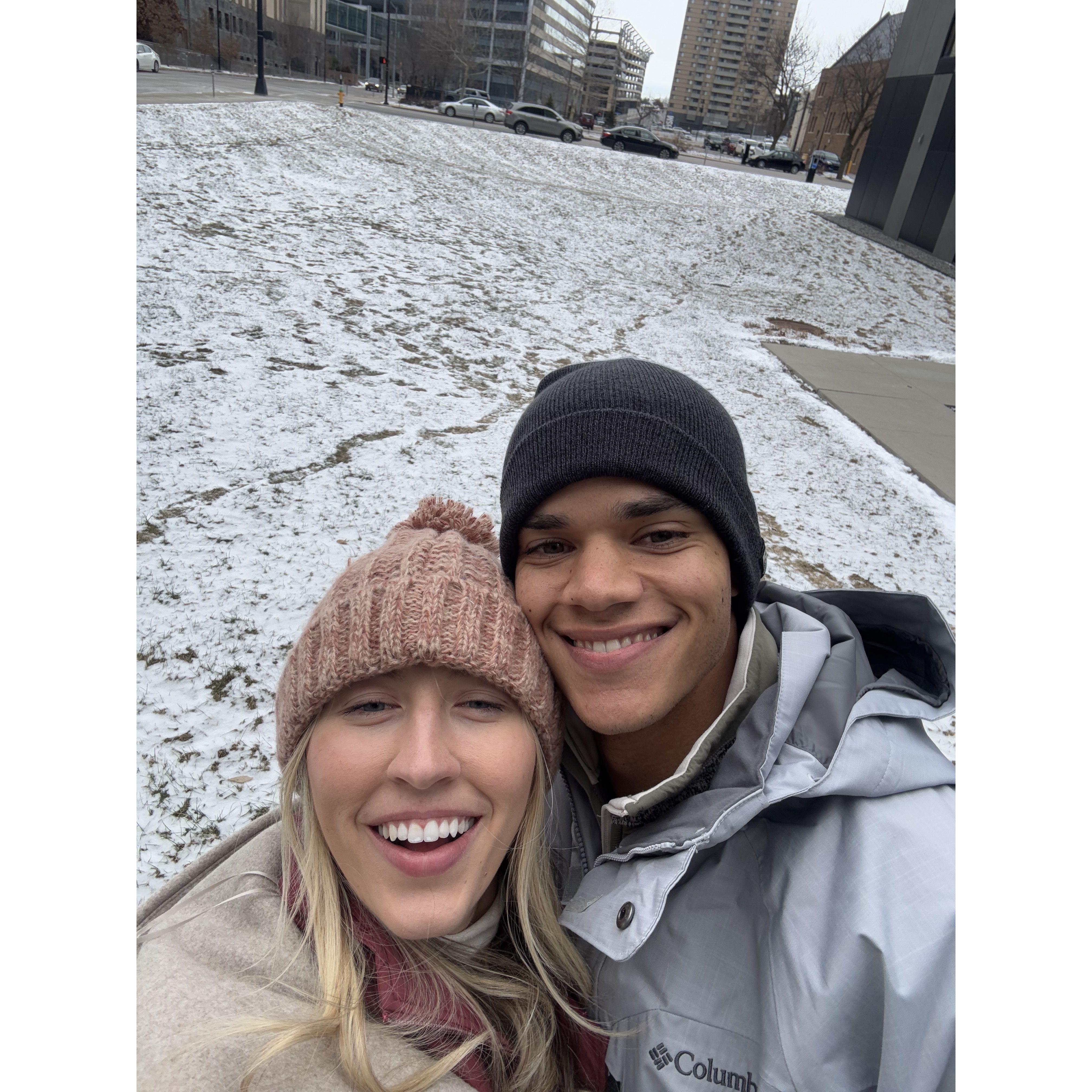 Snow in Iowa! Bonding over how excited we were to come back to sunny TX!