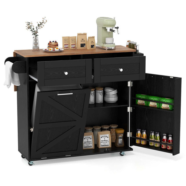 Costway Rolling Kitchen Island Kitchen Island Cart with Drop Leaf Trash Can Cabinet Black