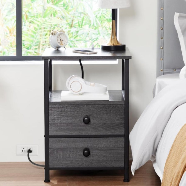 AMHANCIBLE Night Stand Set 2, Nightstand with Charging Station, End Tables Living Room with USB Ports and Outlets, Bedside Tables with Fabric Drawers for Bedroom, Dark Grey HET05XDG