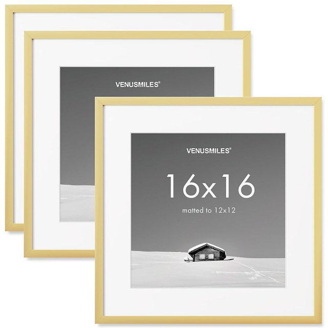 Venusmiles 16x16 inch Picture Frame, 16x16 Photo Frames with 12x12 Removable Mat - High Definition Plexiglass - Vertical and Horizontal Display - Wall Hanging Frame - Gold, 3 Pack