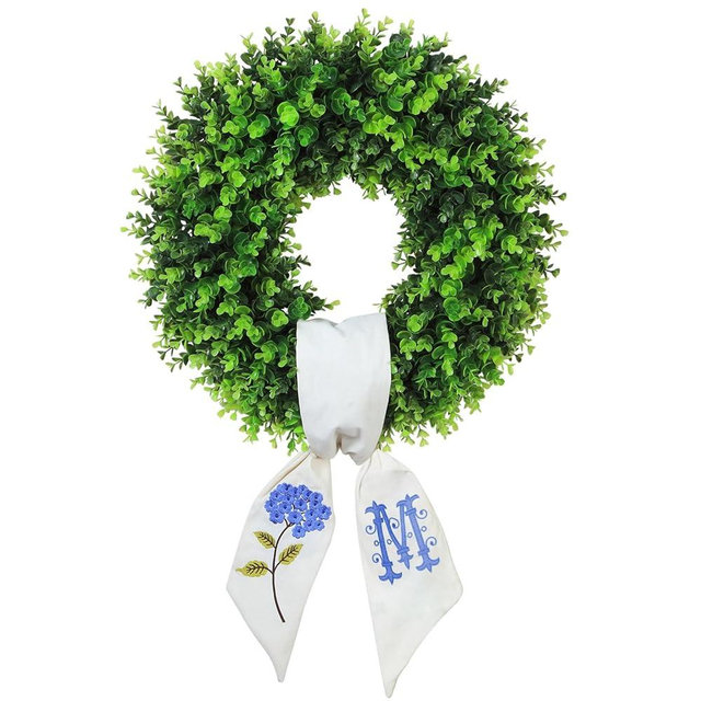 Boxwood Wreath for Front Door Spring Summer Wreaths Farmhouse Door Hanger,Last Name Year Round Porch Decor,20 inch Multi Occasion use Wreath with Personalized Monagram sash Embroidered - (M)