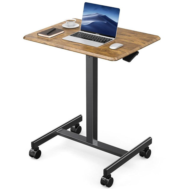 DUMOS Small Standing Desk Mobile Portable Rolling Laptop Desk on Wheels, Adjustable Height Table for Home Office, 19 Inch, Brown