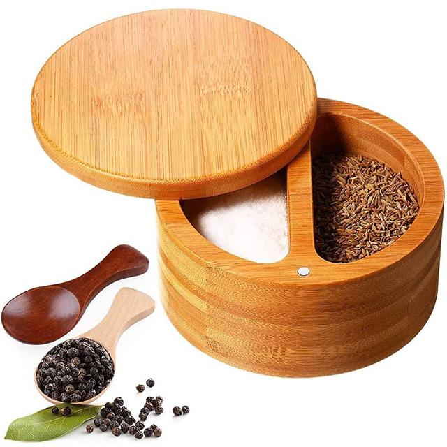 JYHF Bamboo Salt and Pepper Box, Salt Cellar with 2 Storage Compartments Swivel Lid and Magnet to Keep Dry，Spice Box Salt Container with Two Spoons