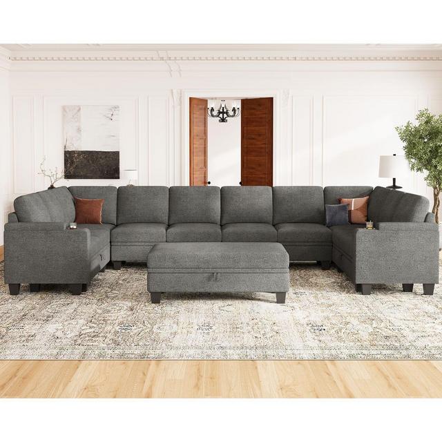 Belffin Oversized 10-Seater U-Shaped Sectional - Modular Chenille Couch with Storage Ottoman & Cup Holders,Grey