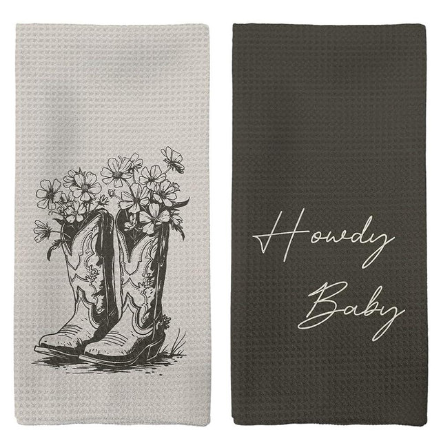 Tzhim Western Kitchen Towels, Preppy Cowboy Hand Towels, Black Cowgirls Boots Floral Rodeo Dishcloths Tea Towels for Kitchen, Vintage Retro Grey Howdy Baby KitchenBathroom Decor Set of 2, 16x24in