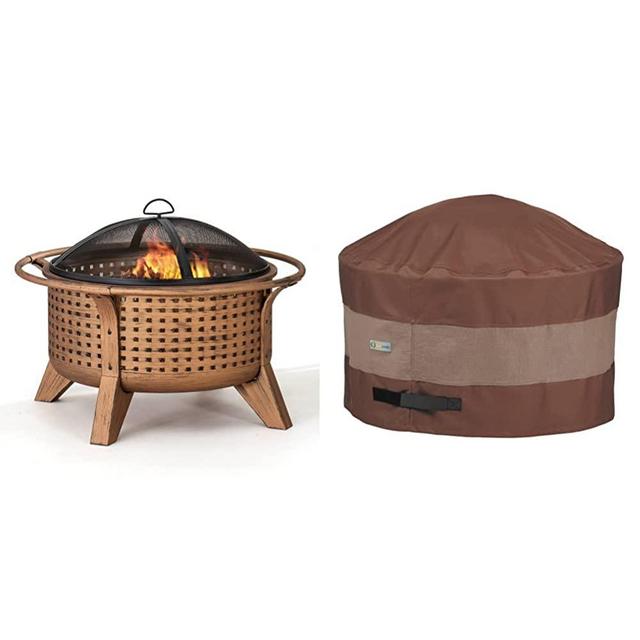 Sunjoy 30 in. Outdoor Wood-Burning Fire Pit, Patio Woven Round Steel Firepit Large Fire Pits for Outside & Duck Covers Ultimate Waterproof 34 Inch Round Fire Pit Cover, Patio Furniture Covers