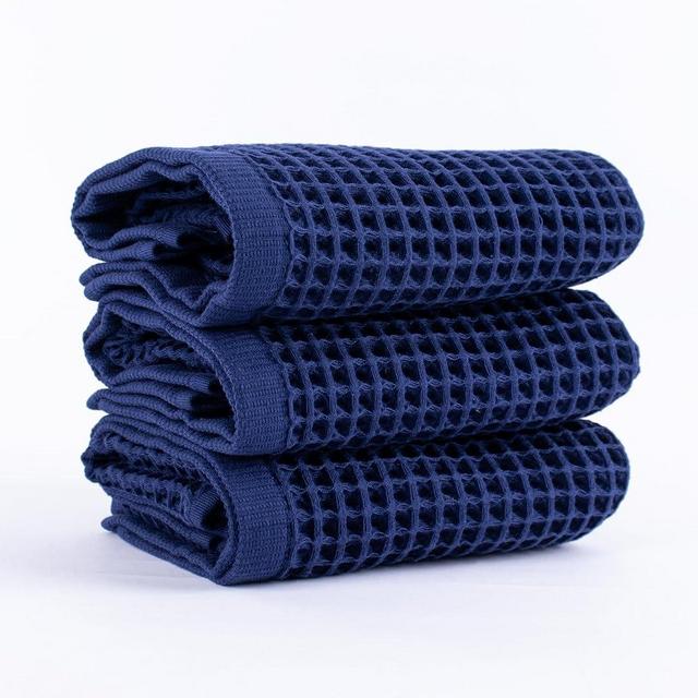 PÜSKÜL Waffle Kitchen Towels - Premium 100% Turkish Organic Cotton Ultra Soft Quick Dry Absorbent Lint Free Hand Dish Towel 32X16 Inches (3, Navy Blue)