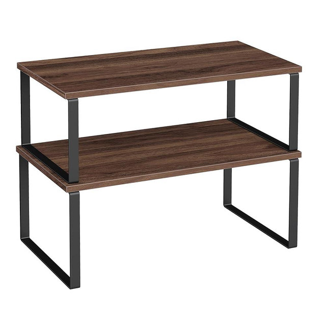 SONGMICS Cabinet Organizer Shelf, Set of 2 Kitchen Counter Shelves, Kitchen Storage, Spice Rack, Stackable, Expandable, Metal and Engineered Wood, Natural Walnut and Matte Black UKCS025K01